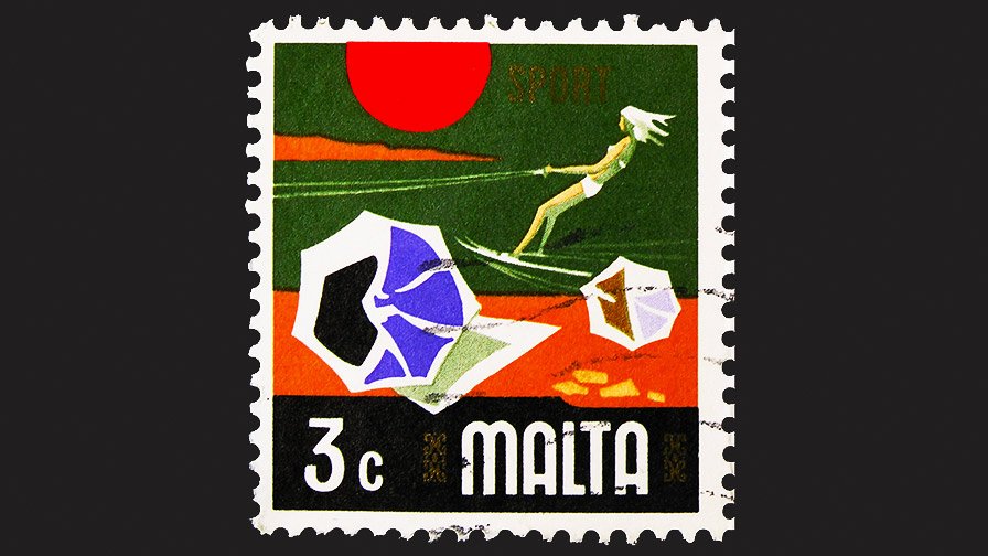 water skiing stamp printed in Malta