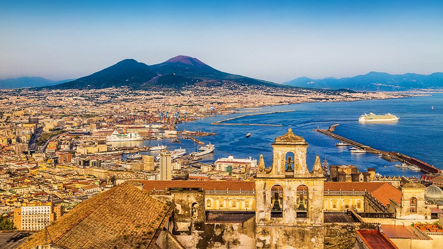 Naples view over marina and Mount Vesuvius, Italy