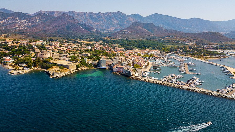 Aerial view of Saint Florent City and marina, Corsica